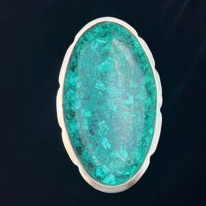 Vintage Green Malachite Gemstone 8" Trinket Jewelry Dish Bowl Fluted Brass Rim